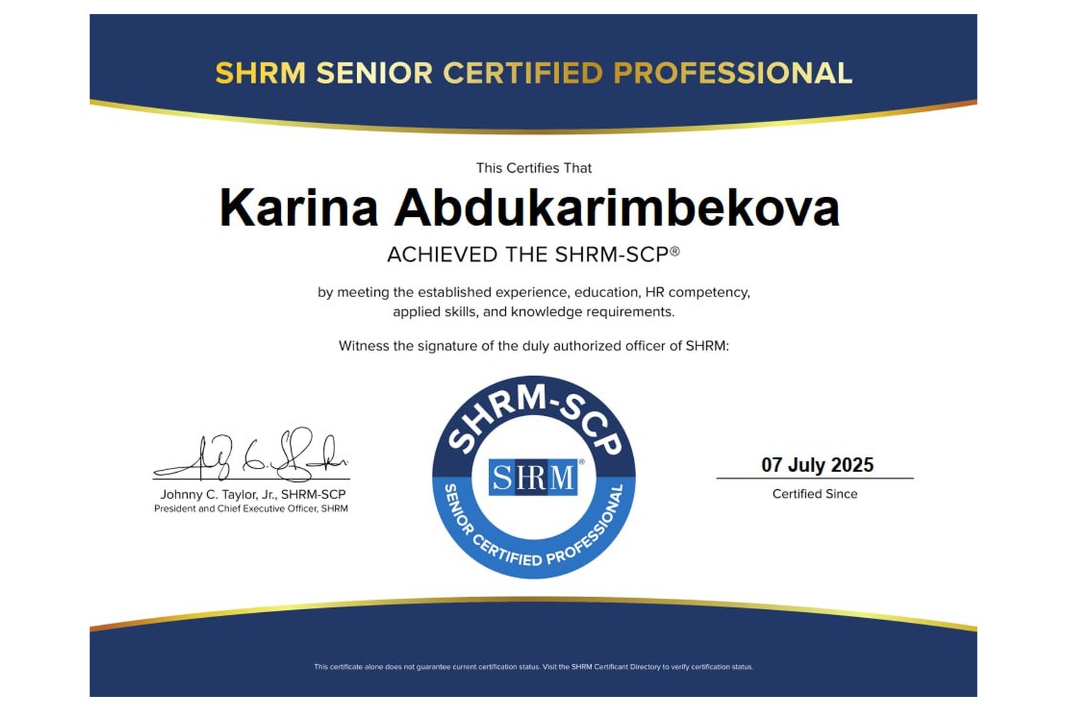 Сертификат SHRM Senior Certified Professional (SHRM-SCP)